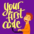 A vector square image of the boy who studies coding. A image for a flyer or a poster for the chidren coding school. Your first