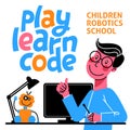 A square image of a boy who studies robotics. A vector image for a flyer or a poster for the children coding school. Blue and oran