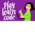 A square vector image of the girl who studies coding. A image for a flyer or a poster for the chidren coding school. Play learn