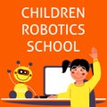 A square image of a girl who studies robotics. A vector image for a flyer or a poster for the children coding school. Orange and y