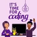 A square image of girls who studies robotics. A vector image for a flyer or a poster for the children coding school. Purple colors