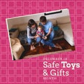 Square image of safe gifts and toys text with caucasian parents and baby picture over pinkbackground