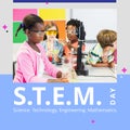 Square image of stem day text and diverse schoolchildren in science class