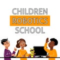 A square image of teens who study robotics. A vector image for a flyer or a poster for the children coding school. Orange and whit