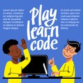 A square image of the two boys who study coding. A vector image for a flyer or a poster for the children coding school. Blue and y Royalty Free Stock Photo