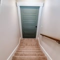 Square Indoor stairs of home with carpeted treads that leads down to the basement door
