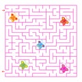 A square labyrinth. Collect all the butterflies and find a way out of the maze. Simple flat isolated vector illustration Royalty Free Stock Photo