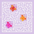 A square labyrinth. Collect all the butterflies and find a way out of the maze. Simple flat isolated vector illustration Royalty Free Stock Photo