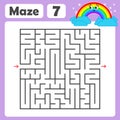 A square labyrinth. Developmental game for children. Colored Vector Flat Isolated Illustration. With a cute rainbow cartoon