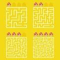 A square labyrinth with an entrance and an exit. A set of four options from simple to complex. With a rating of cute cartoon Royalty Free Stock Photo