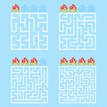 A square labyrinth with an entrance and an exit. A set of four options from simple to complex. With a rating of cute cartoon Royalty Free Stock Photo