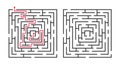 Square labyrinth game with solution, route finding puzzle. Simple logical maze for children, find path riddle with answer vector