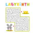 Square labyrinth with gray cartoon mouse and cheese on white background. Children maze. Game for kids. Children puzzle. Help the Royalty Free Stock Photo