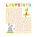 Square labyrinth with gray cartoon rabbit, bunny and carrot on white background. Children maze. Game for kids. Children puzzle.