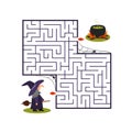 Square labyrinth with witch and cauldron on white background. Children maze. Game for kids. Children puzzle for halloween. Help th