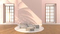 Square marble Podium, golden border, The sunlight shines And the pink wall with Square window with shadow of leaf. Podium Can be u