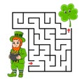 Square maze. Game for kids. Leprechaun and clover. Puzzle for children. Labyrinth conundrum. Color vector illustration. Isolated Royalty Free Stock Photo