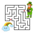 Square maze. Game for kids. Leprechaun and rainbow. Puzzle for children. Labyrinth conundrum. Color vector illustration. Isolated Royalty Free Stock Photo