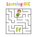 Square maze. Game for kids. Quadrate labyrinth. Education worksheet. Activity page. Learning alphabet. Cute cartoon style. Find