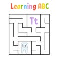 Square maze. Game for kids. Quadrate labyrinth. Education worksheet. Activity page. Learning alphabet. Cute cartoon style. Find