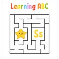 Square maze. Game for kids. Quadrate labyrinth. Education worksheet. Activity page. Learning English alphabet. Cartoon style. Find