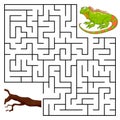 Square maze for kids with cartoon Iguana. Find right way to the Branch. Entry and exit. Puzzle Game with answer.