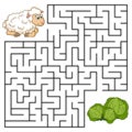 Square maze for kids with cartoon Sheep. Find right way to the Cabbage. Entry and exit. Puzzle Game with answer.