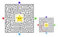 Square maze labyrinth game for kids. Labyrinth logic conundrum with star. Four entrance and one right way to go. Vector Royalty Free Stock Photo