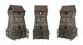 Square medieval look out tower with view platform at top. 3D rendering with 3 views isolated on white