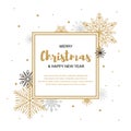 Square Merry Christmas and Happy New Year greeting card with beautiful golden and black snowflakes on white background. Christmas Royalty Free Stock Photo