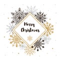 Square Merry Christmas and Happy New Year greeting card with beautiful golden and black snowflakes on white background. Christmas Royalty Free Stock Photo