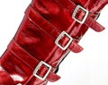 Square metal buckles on red glossy skin