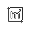 Square meter, icon in line design. Square, meter, area, measurement, size, dimension, space on white background vector