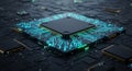 Square microchip with glowing blue circuitry set on a dark, complex circuit board. Th