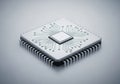 Square microchip with metallic pins along edges. Central processing unit (CPU) features a patterned Royalty Free Stock Photo