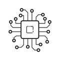 Square microchip with wires icon. Line art logo for digital tech, computer system. Black simple illustration. Contour isolated