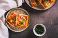 Square mini pizza with tomato, sausage and cheese on a plate for a snack top view