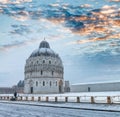 Square of Miracles with Baptistery detail at dusk after a winter