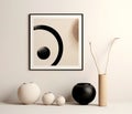 Square mock up poster frame on white wall above set of different vases with twig. Minimalist interior design of modern living room