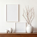 Square mock up poster frame on white wall above set of different vases with twig. Minimalist interior design of modern living room Royalty Free Stock Photo