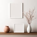 Square mock up poster frame on white wall above set of different vases with twig. Minimalist interior design of modern living room Royalty Free Stock Photo