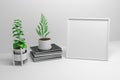 Square mockup frame with books and potted plants