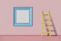 Square mockup picture frame blue color hanging on a pink wall near the staircase. Abstract multicolored kids cartoon concept. 3D