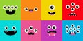 Square monster face head set banner. Happy Halloween. Spooky Smiling Boo screaming sad face emotion. Cute character. Eyes, tongue