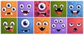 Square monster faces. Cartoon alien and dinosaur faces square banners, funny alien creature mascot with emotion