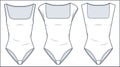 Square Neck Bodysuits technical fashion illustration. Set of Bodysuits fashion flat technical drawing template, sleeveless