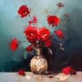Square oil painting of red poppy flowers in a vase on dark blue background, impasto. Generative AI Royalty Free Stock Photo