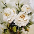 Square oil painting of white roses bouquet, impasto, close-up, semi abstract, generative AI