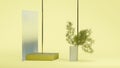 Square olive colored podium display, small palm tree, glass on pistachio colored background. Modern art. Magic realism