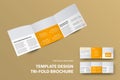 Square open tri-fold template with place for photo, isolated on background. Brochure design presentation layout with orange Royalty Free Stock Photo